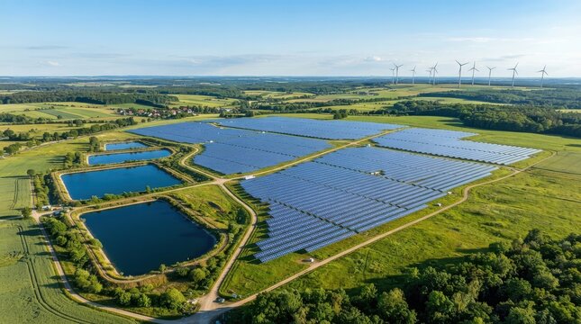 Aerial view of a large solar farm with wind turbines in the background