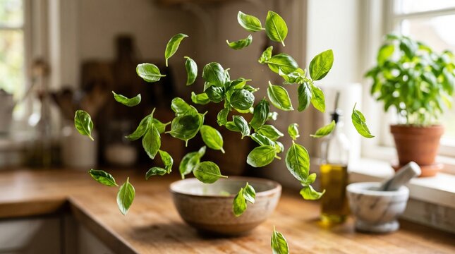 Fresh basil leaves are captured mid-air above a rustic kitchen counter