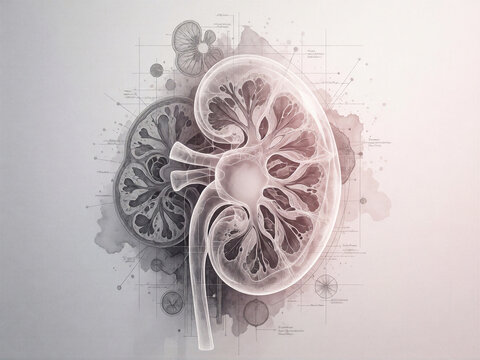 Anatomical blueprint illustration of human kidney structure