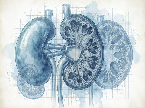 Anatomical blueprint illustration of human kidney cross section