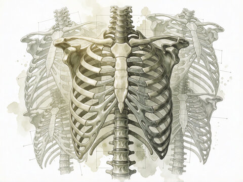 Anatomical study of human rib cage and thoracic skeletal structure