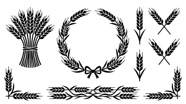 Black wheat ear silhouette icons collection featuring wreaths sheaves and decorative borders