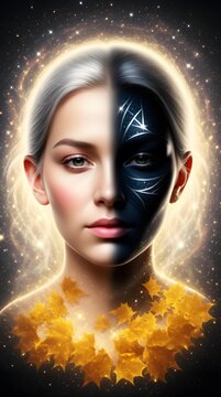 Surreal portrait of woman with half face showing glowing futuristic cybernetic design contrasting natural human skin and surrounded by golden autumn leaves and cosmic lights