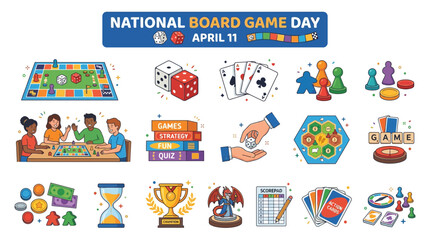 Fototapeta premium Set of National Board Game Day Icons Featuring Colorful Illustrations of Tabletop Games and Strategy Play Components for April 11