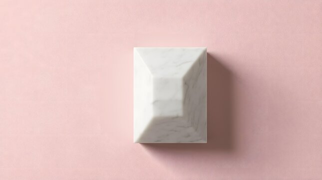 Minimalist single white marble geometric object with pyramid shape casting shadow on soft pink pastel background in modern clean style