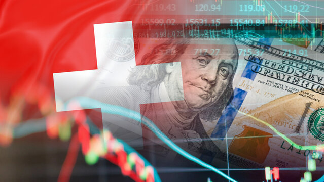 The Swiss financial data display features the Switzerland flag, US dollar banknotes, and stock market charts, illustrating the economic impact of Switzerland-US trade relations, global investment