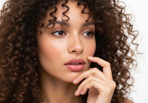 Young woman with curly hair applying makeup in close-up