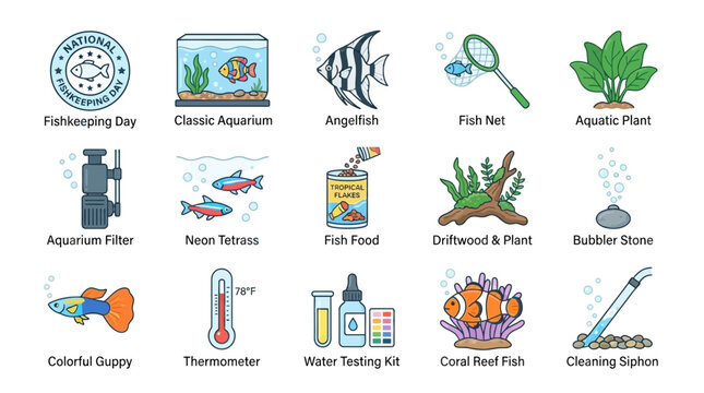 National Fishkeeping Day Vector Icon Set Representing Aquarium Equipment and Tropical Freshwater Fish Varieties