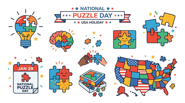 National Puzzle Day Vector Icon Set Representing Brain Teasers and Jigsaw Challenges as a Creative Holiday Celebration