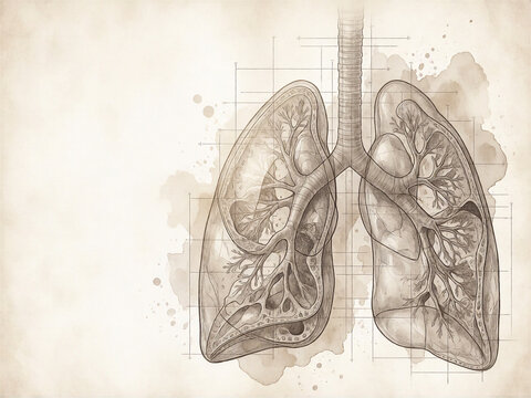 Anatomical human lung blueprint study on vintage paper