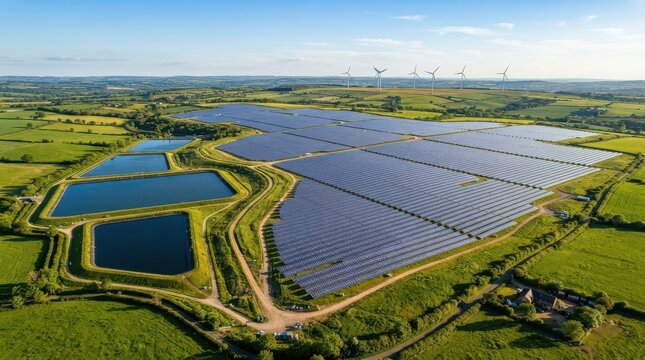 Aerial view of a large solar farm and wind turbines in a green landscape