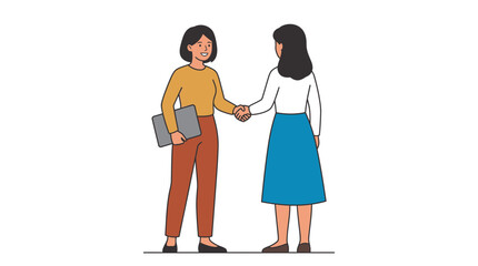 Obraz premium Professional businesswomen shaking hands while holding a sleek laptop during their productive meeting in modern style