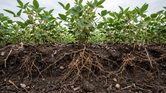 Green soybean plants growing with visible root systems and soil profile in an agricultural field.