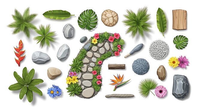 Top view garden elements with stone path plants and tropical flowers