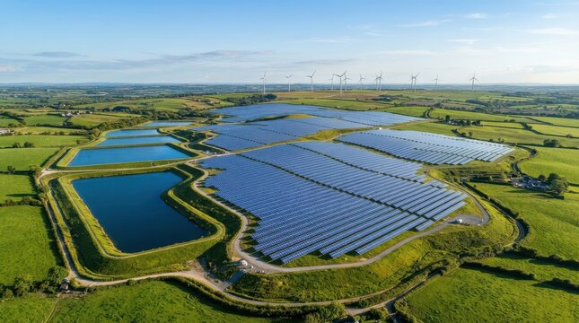 Aerial view of a large solar farm and wind turbines in a green landscape