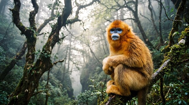 Golden Snub-Nosed Monkey Sitting on Mossy Branch in Misty Mountain Forest