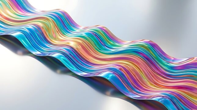 A flowing, iridescent wave of vibrant rainbow colors on a reflective surface, creating a dynamic and abstract visual.