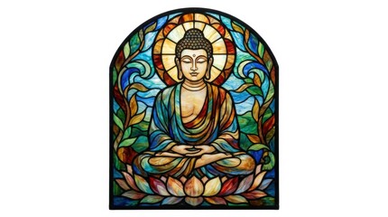 Fototapeta premium Stained glass Buddha meditating. Colorful religious art of a seated deity in lotus pose.