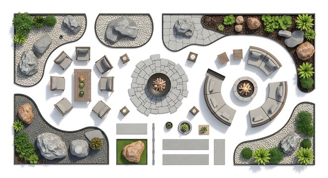 Top view landscape design plan with patio furniture and fire pits