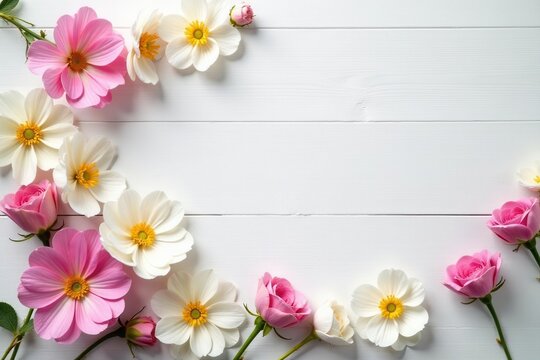 Pastel spring blooms arranged on white wood, ample copy space , daffodils, banner, nature