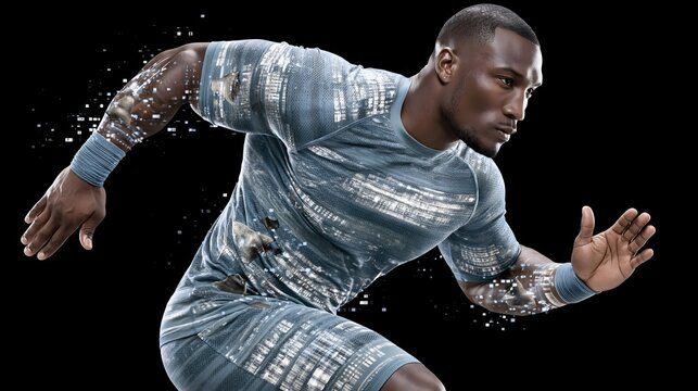 Athletic Black male runner sprinting forward with futuristic digital pixel light effects around his arms