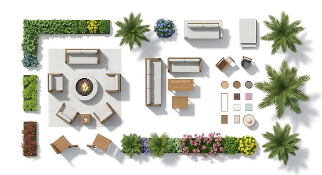Top view furniture set for outdoor patio and garden design elements