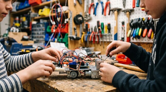 Children testing a small robotic mecha in a workshop learning technology