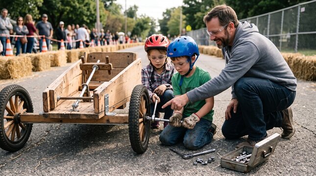 Adult supervising children tightening a wheel on a homemade soapbox car
