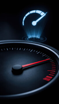Speedometer gauge dashboard needle black red futuristic glowing technology performance acceleration automotive dial measurement indicator fast