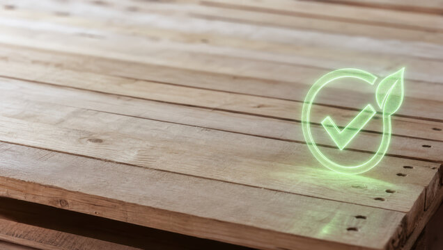 Precision esg supply chain tracking concept with sustainable wood material and eco friendly checkmark symbol on wooden surface