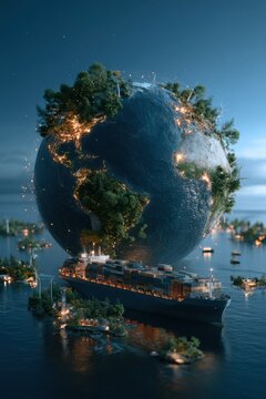 A global supply chain ecosystem emphasizing sustainable logistics for efficient and eco-friendly transport and distribution in modern commerce and industry.
