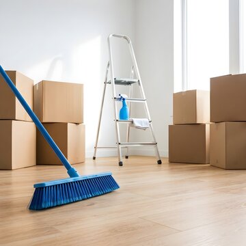 Moving house boxes with cleaning tools and ladder on wooden floor, cleaning
