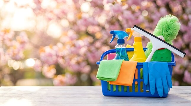 Cleaning supplies in a blue plastic caddy arranged for spring home organization