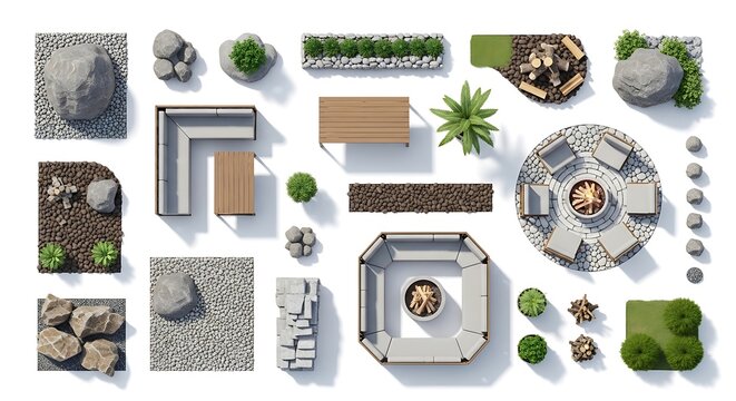 Top view of modern outdoor furniture set for garden patio design