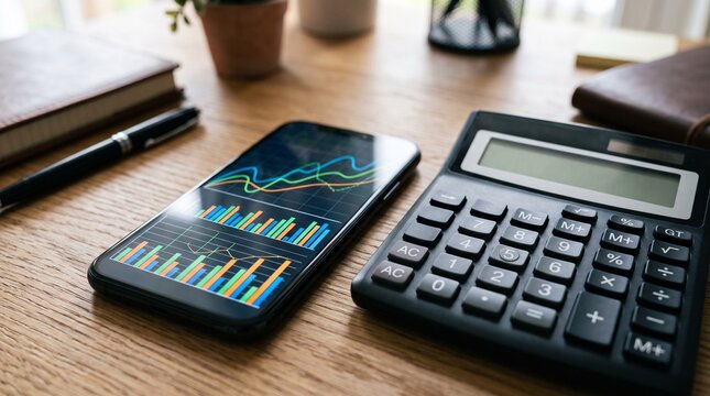 Smartphone financial analytics with calculator on wooden desk in modern office