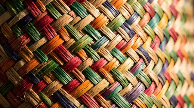 Macro close-up of vibrant multicolored woven basket straw texture
