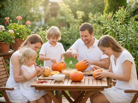 Cheerful family carving autumn pumpkins outdoors