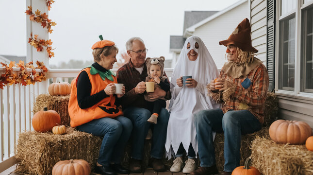 Family sitting on hay bales at Halloween