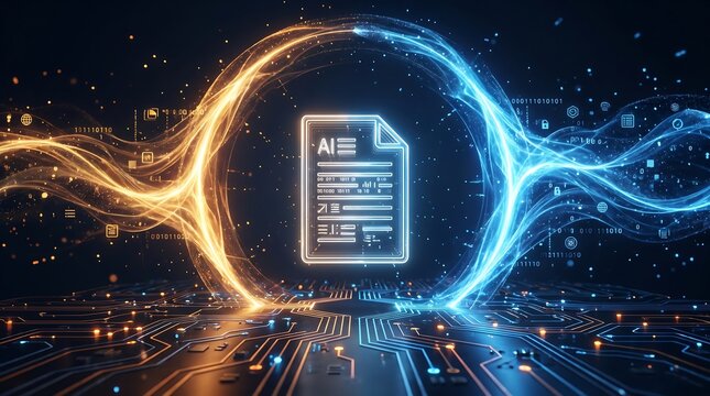 Artificial intelligence document icon glowing with complex binary code and circuit board elements on dark background representing automated data processing and analysis