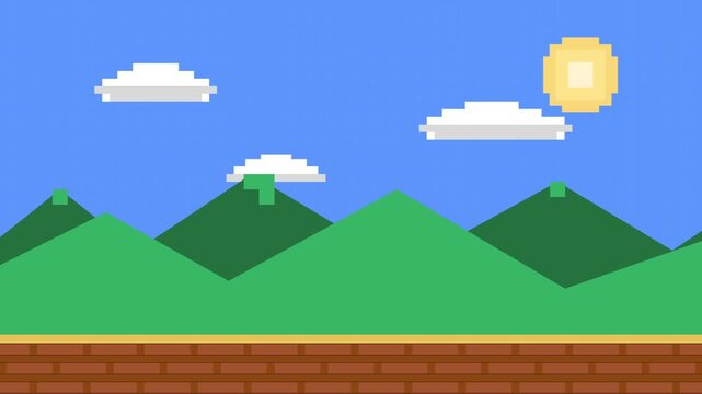 Retro 8-bit pixel art mountain landscape with blue sky clouds and sun for gaming background or nostalgic digital graphic design