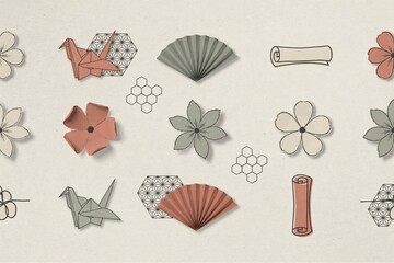 Obraz premium Collection of japanese cultural including origami cranes, folding fans, scrolls, and flowers arranged on a light beige background