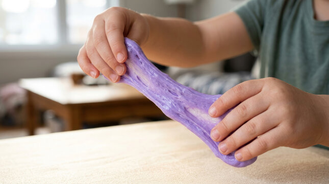 Child playing with purple slime stretching it between hands indoors