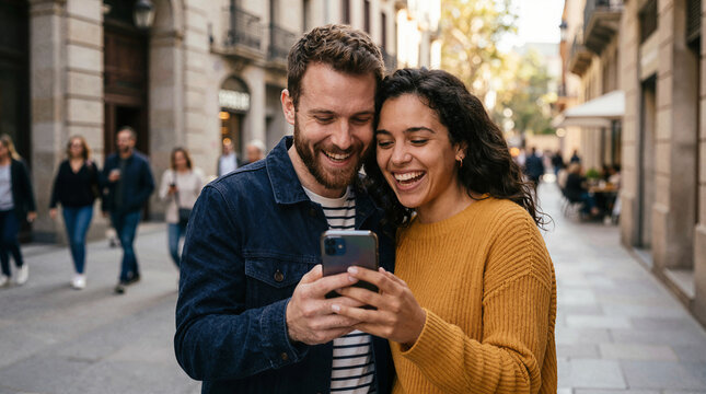 Happy couple looking at smartphone on a city street