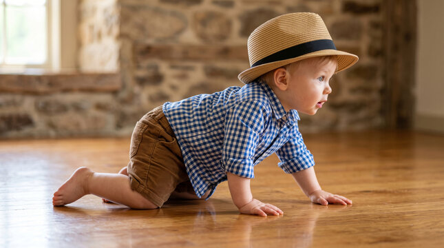 Cute baby boy wearing a straw hat and blue checkered shirt crawling on wooden floor