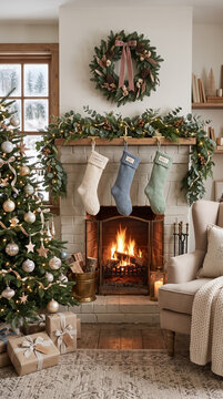 Christmas tree and stockings by cozy fireplace