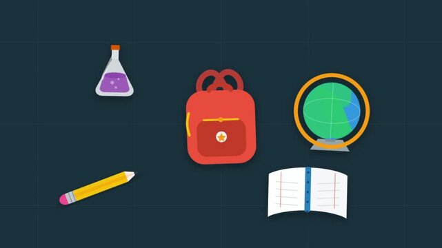School Education Icons Set with Backpack Science Flask and Globe for E-learning Concept Motion Graphic Background