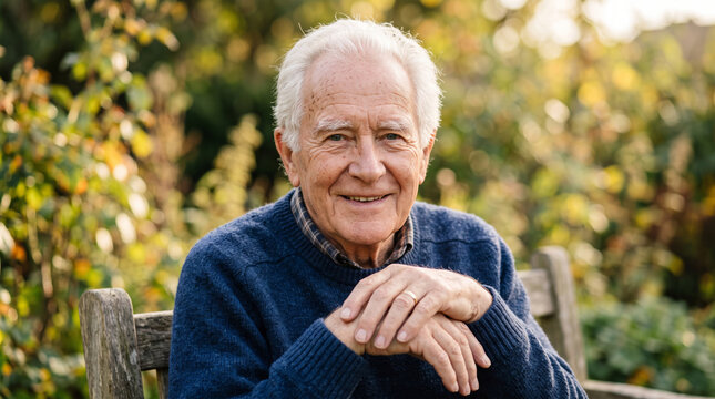 Smiling elderly man with white hair sitting on a wooden bench outdoors in autumn