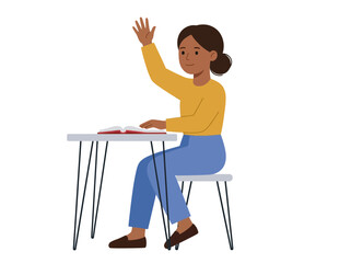 Fototapeta premium Student Girl Raising Hand at Desk Flat Vector Illustration