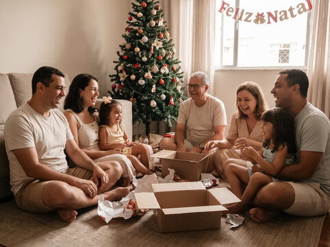 Multi generation family opening Christmas gifts in tropical home