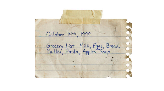 Vintage handwritten grocery list on torn lined paper, retro notebook page with masking tape, nostalgic shopping list from 1999 isolated on Transparent Background